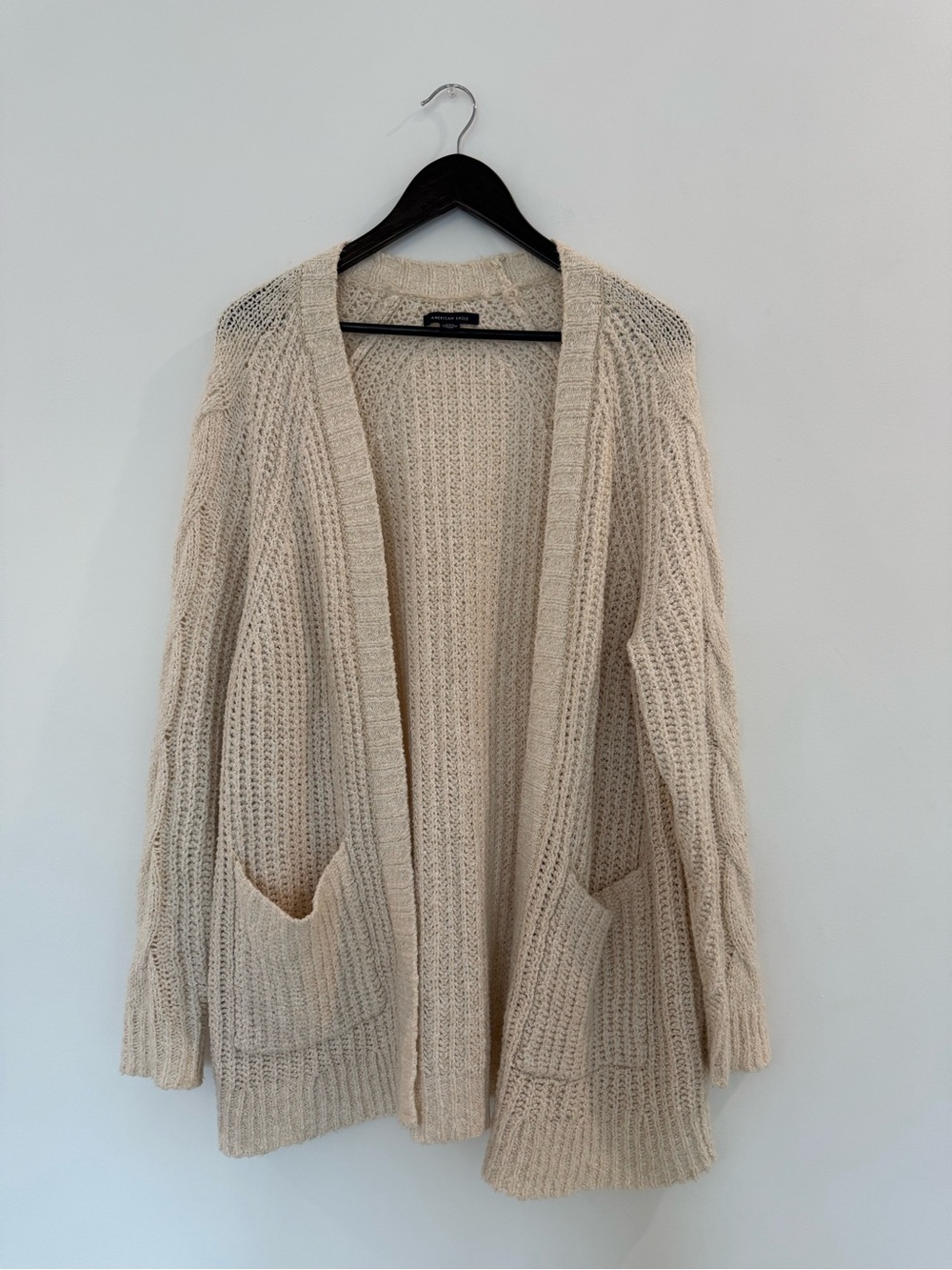American Eagle Cozy Open-Front Cream Knit Cardigan Sweater